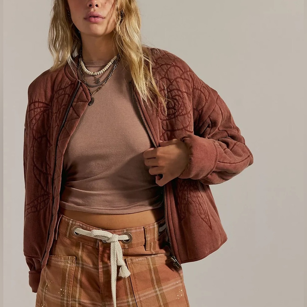 $385 FREE PEOPLE Rose Brown Quilted Sweatshirt Cinammon Bomber Jacket S - Picture 3 of 11